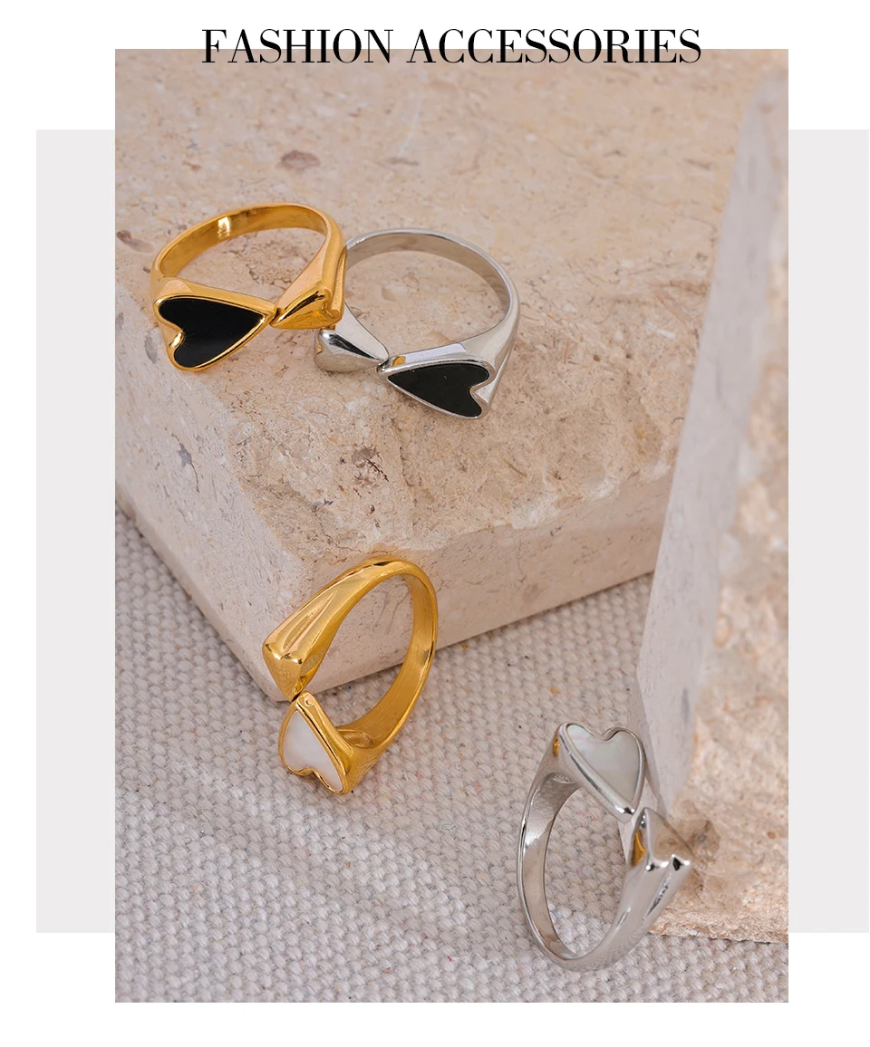 Yhpup Shell Acryl Herz Edelstahl Stilvoller Ring für Frauen Charms Metall Textur Wasserdicht Goldener Schmuck Gala Geschenk – Detail 8