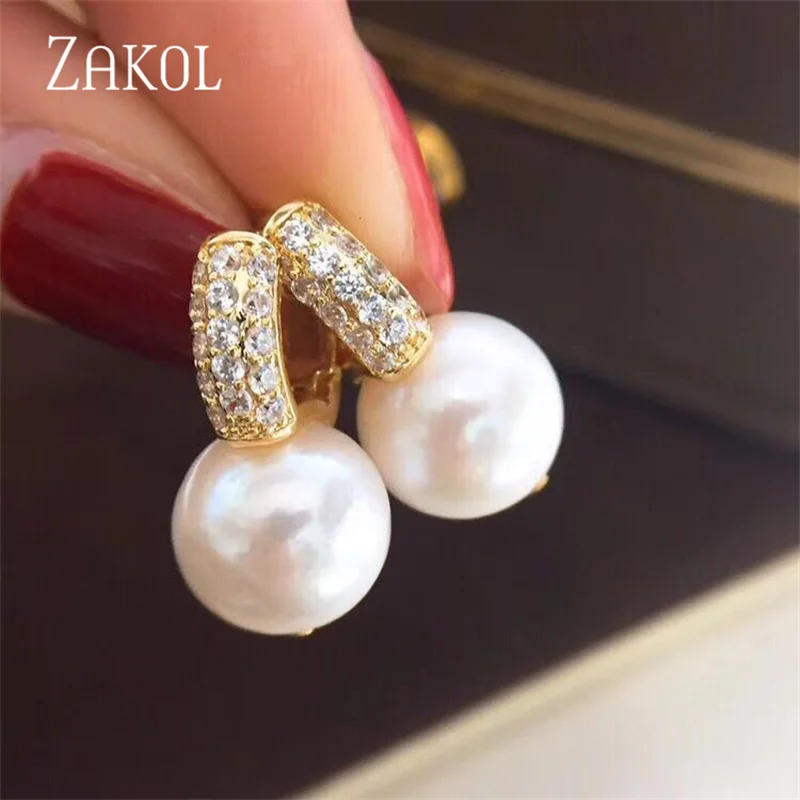 ZAKOL Fashion Big Imitation Pearls Ball Shape Stud Earrings for Women Cute Micro-inlaid Zircon Gold Color Wedding Party Jewelry