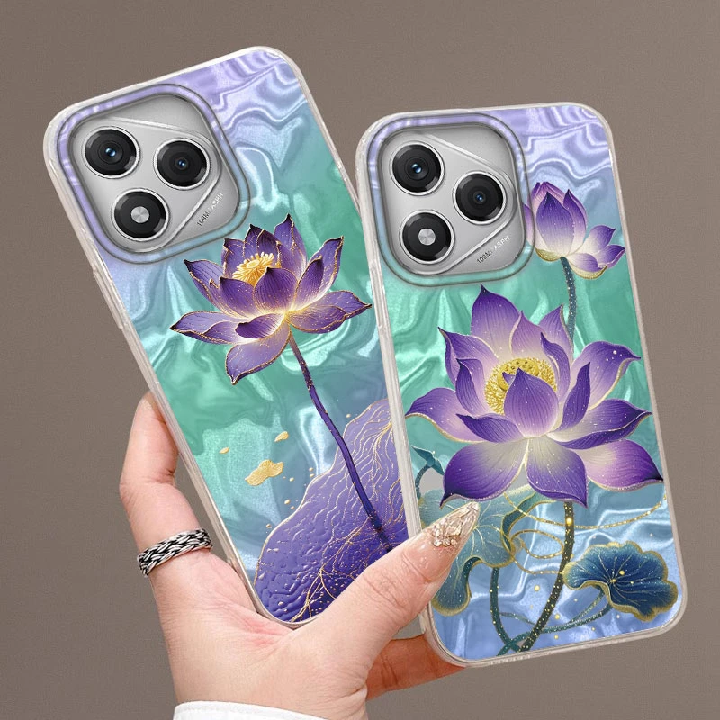 

Purple Gradient Lotus Print Phone Case for Honor 400 Magic 7 Lite X9C X9A X8A X8B 200 Pro Shockproof Silver Plated Soft Cover