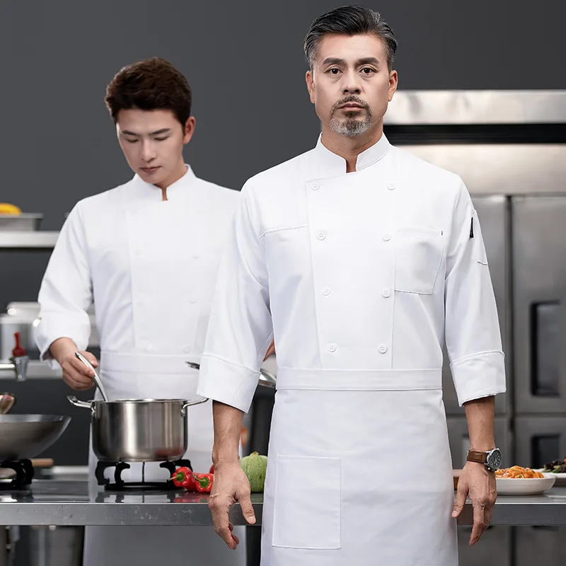 Mono de manga larga para hombre y mujer, uniforme de Chef de cocina de doble pieza, Color sólido, para Hotel y comedor