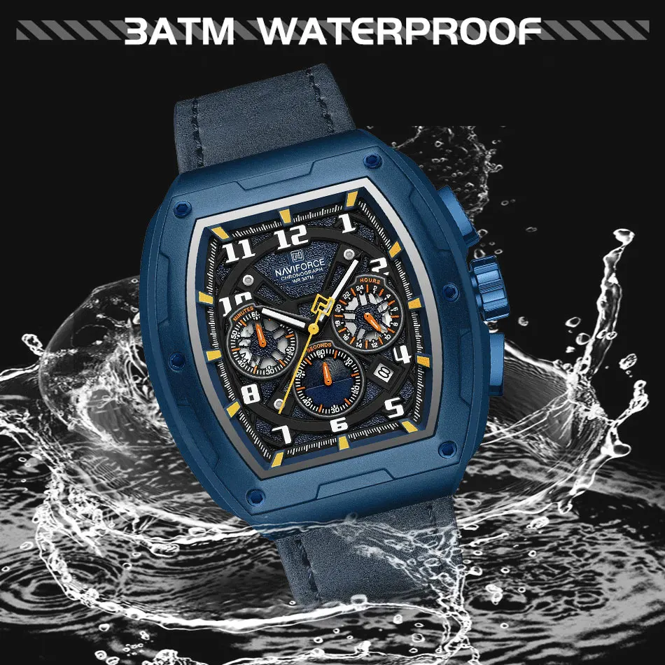 NAVIFORCE Men Tonneau Watches Military Outdoor Sport Chronograph Quartz Wristwatch with Date 3ATM Waterproof Leather Strap Clock