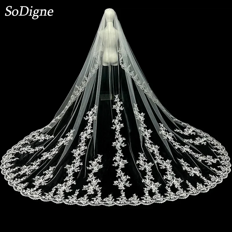 

SoDigne Tulle Ivory Wedding Veil Long Bridal Veil Lace Appliques Customized Bride Headpiece Accessories