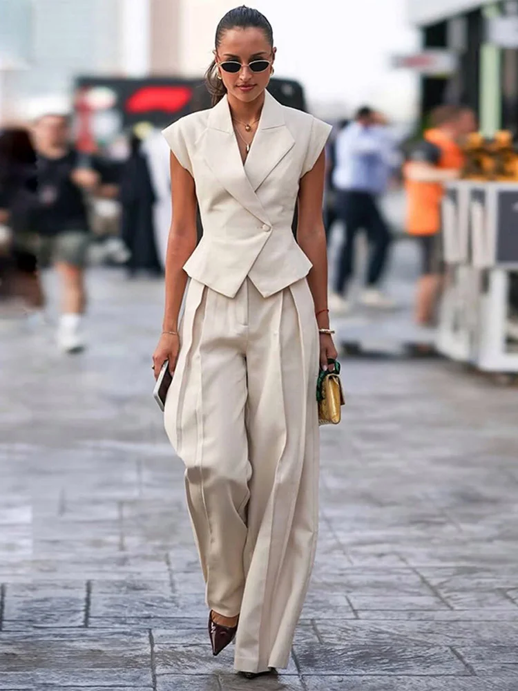 

Women's Set Chic Tops Pants Suit Lapel Sleeveless V-neck High Waist Wide Leg Pants Sets 2025 New Casual 2 Piece Set Lady Outfits