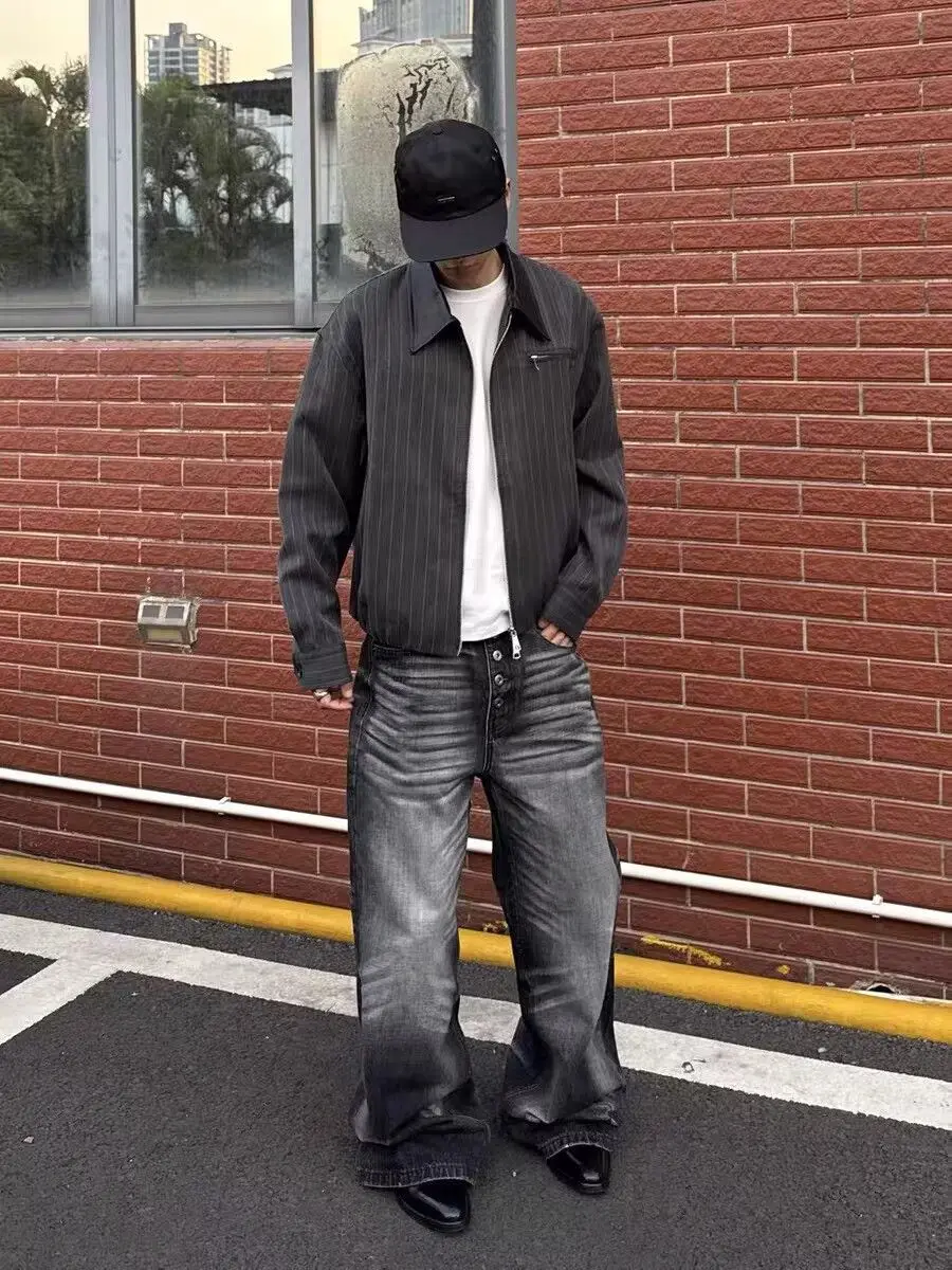 Men's Single Breasted Design Retro Black Gray Jeans Wide-leg Denim Trousers Boys Bottom High Waist Sweatpants Male Casual Pants - view 3