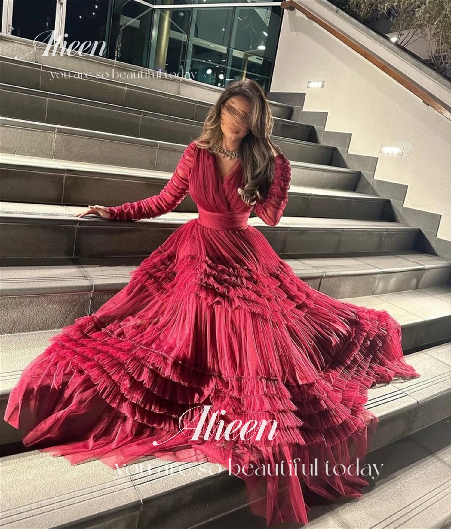 Vestido de fiesta Eid al-fitr, vestido de fiesta de malla rosa rojo esponjoso, vestidos Midi formales elegantes para mujer, bodas de lujo