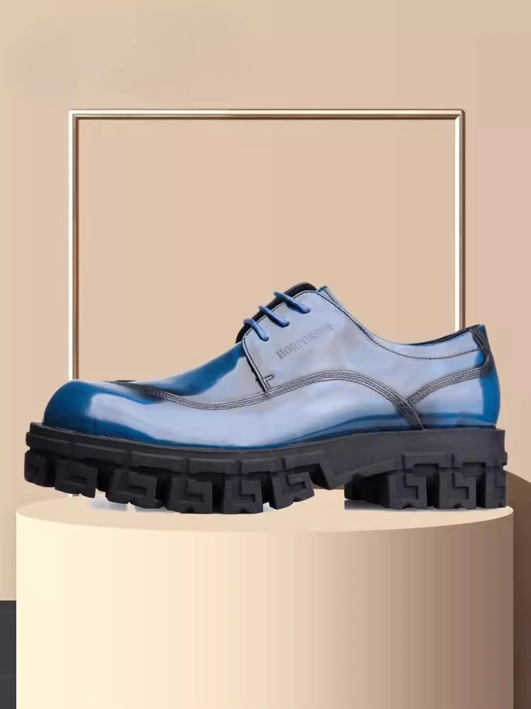 

New Business Casual Men's Shoes, Blue Platform Leather Lace-up Glossy British Fashion Leather Shoes