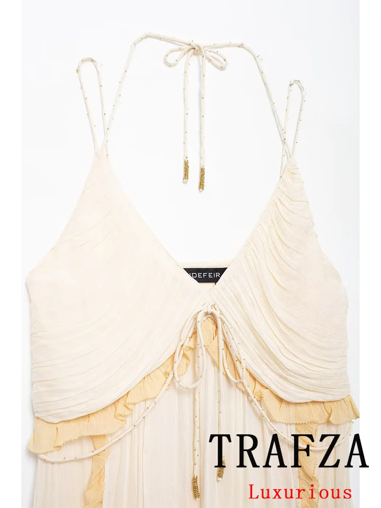 TRAFZA-Vestido largo recto con volantes y lazo para mujer, prenda Sexy y elegante con cuello en V, camisola Halter, con cordones, a la moda, para Club nocturno, novedad de 2024