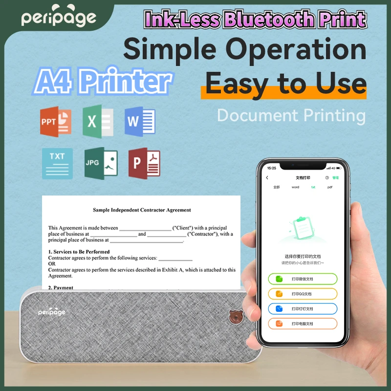 

Thermal Peripage A4 Printer Wireless Portable HD Photo Transfer 203DPI Phone Connect 8.26"X11.69" A4 Size Ink-Less Printer