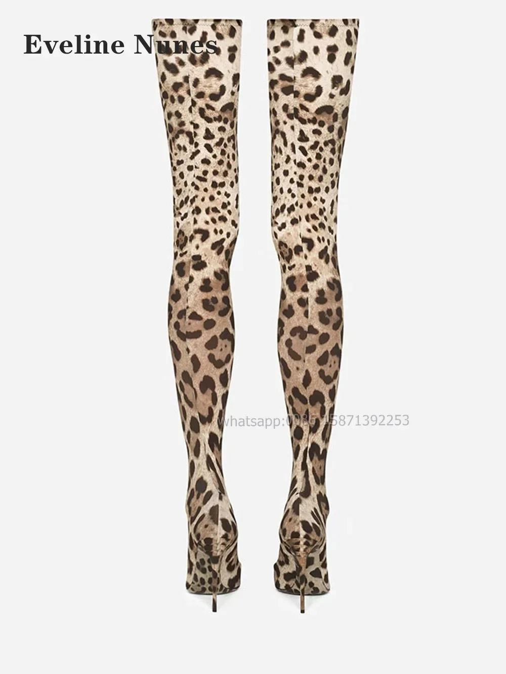 Leopard Satin Thigh High Boots Pointed Toe Thin Heels Mixed Colors Women Stretch Boots Pull On Sexy Spicy Girl Booty Runway Show
