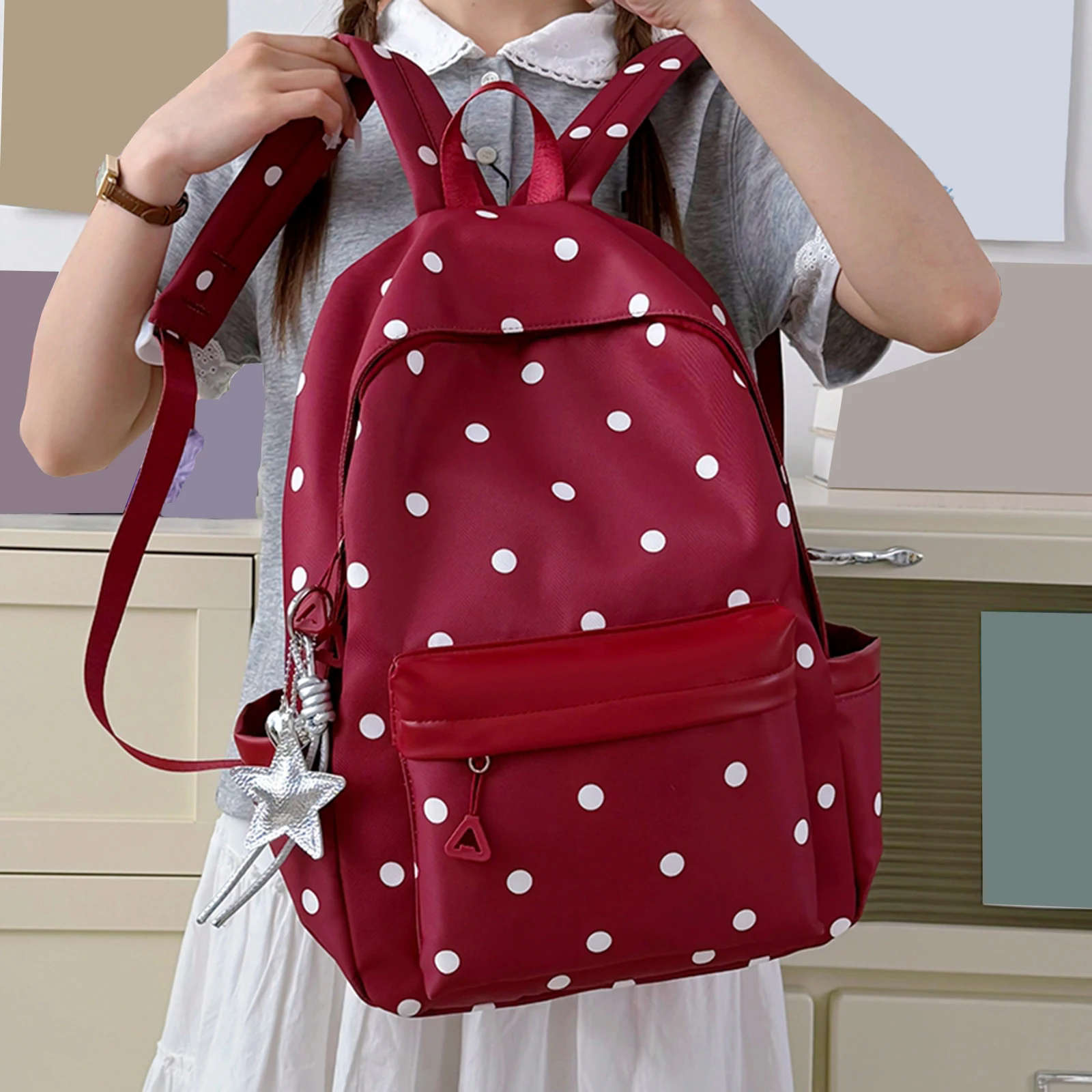 Polka Dot Aesthetic Preppy Backpack with Star Charm Travel Casual Daypack Kawaii Sweet for Elementary & Middle Girl Students