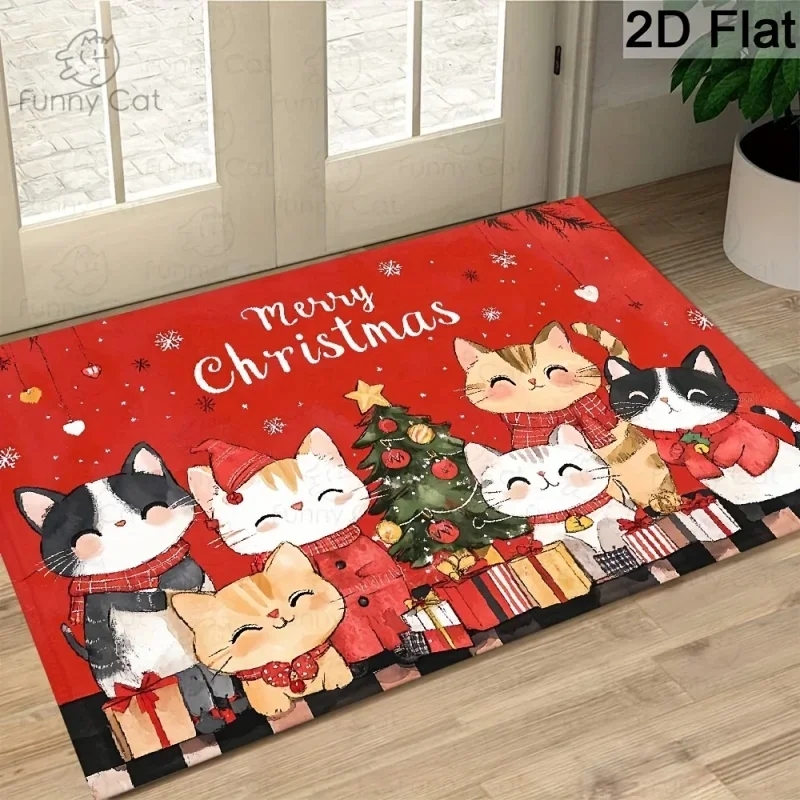 Winter Cat Christmas Doormat, Knit Hat Scarf Kitten Printed Floor Mat, Indoor Holiday Entrance Decor
