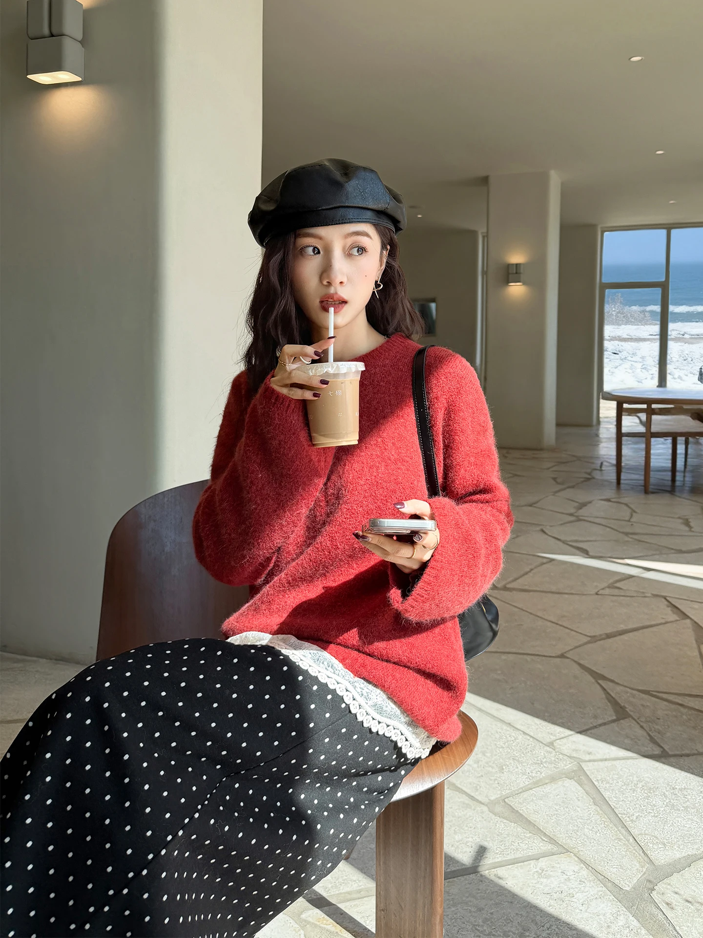 

Мягкий теплый свитер из кроличьего меха, красный, свободного кроя, вязаный, для праздников, повседневный, с круглым вырезом, с длинными рукавами