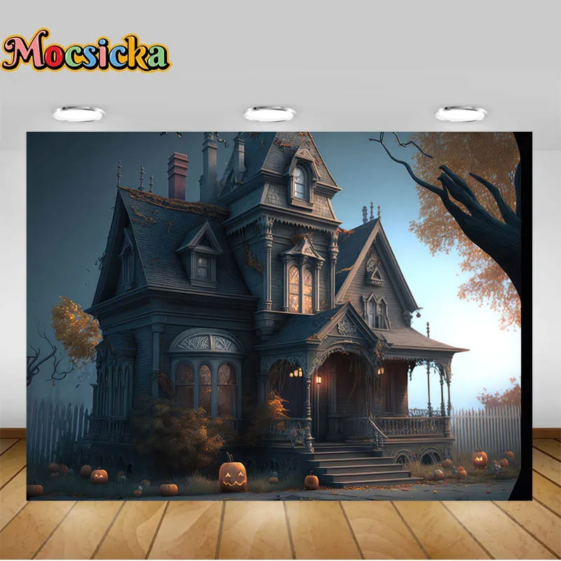 Mocsicka Photography Backgrounds Halloween Haunted House Pumpkin with Dark Scary Atmosphere Backdrop Kids Portrait Photo Studio