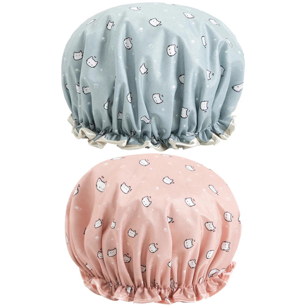 

2Pcs Double-Layer Waterproof Shower Caps Eva Bathing Hat Printed Design Durable Hair Protection Bathing Hair Caps for Women Pink