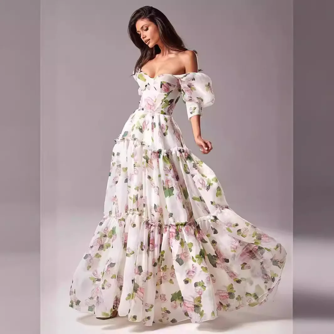 2025, neues schulterfreies europäisches und amerikanisches Damenmode-Kleid im Feenstil aus Organza im Frühling/Sommer