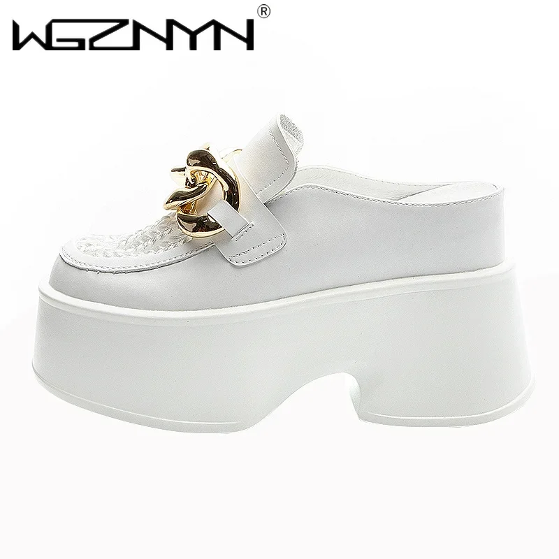 2026 Genuine Leather Slippers Fashion 11cm Height Increasing Ladies Casual Platform Wedge Slippers Women Slip on Females Shoes