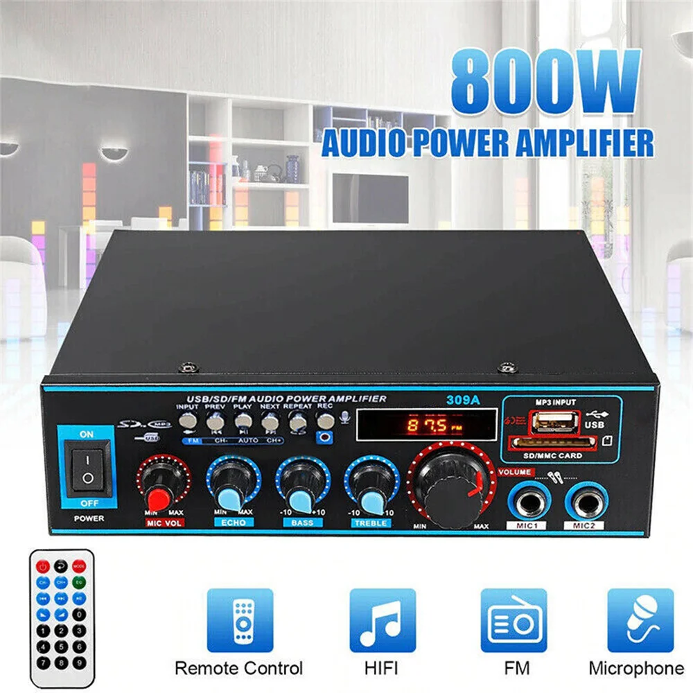 

12V 220V 800W Car Hifi Power Amplifier Bluetooth 5.0 Amplifier Mini HIFI digital bluetooth audio power amplifier 2.0 Channel