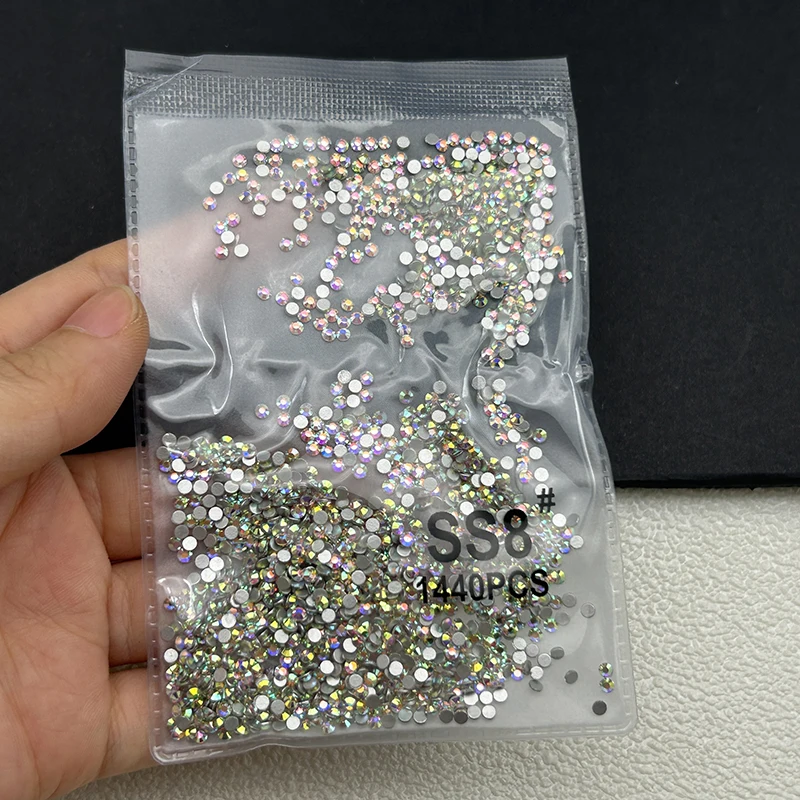 1440 Stück/Beutel AB/Klare Runde Mini-Nageldiamanten SS3-SS20 (1,3-4mm) Flache Rückseite Nicht-Hotfix Nagelkristalle Klare AB Maniküre-Glassteine