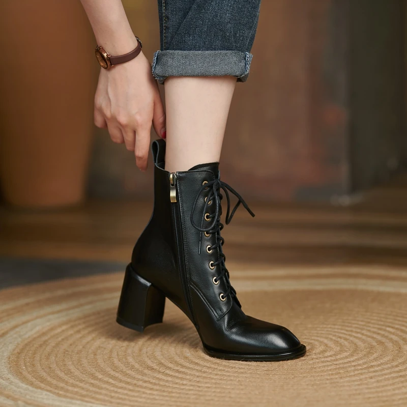 2023 Classic Women Ankle Boots Mature Thick High Heels Round Toe Office Lady Cross-Tied Genuine Leather Shoes Woman Basic Boots