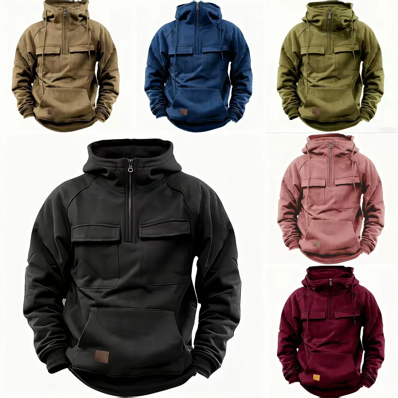 Cargo Hoodies For Men Tactical Sweatshirt Quarter Zip Cargo Pullover Hoodies Workout Gym Men Fashion Outdoor Hoodies