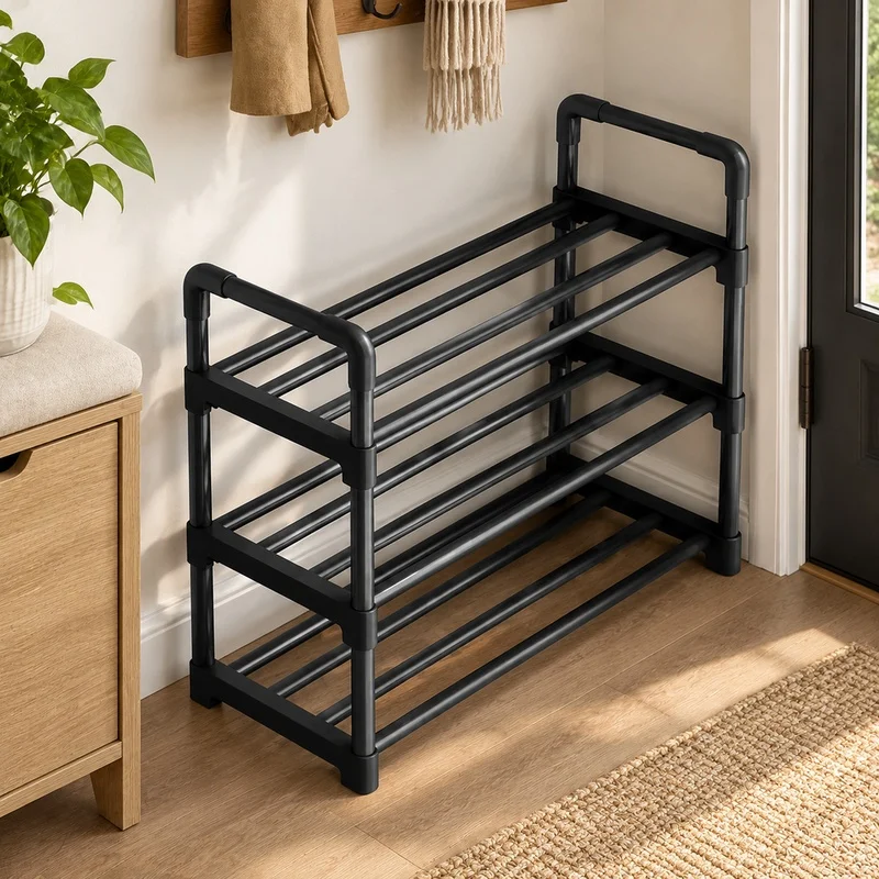 Compact Black Shoe Rack with Multiple Levels for Efficient Entryway and Dorm Storage