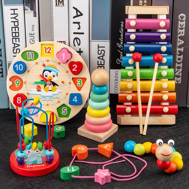 Montessori Wooden Toy with Xylophone Bell Beads Drum Column Musical Instruments Early Childhood Education Toy