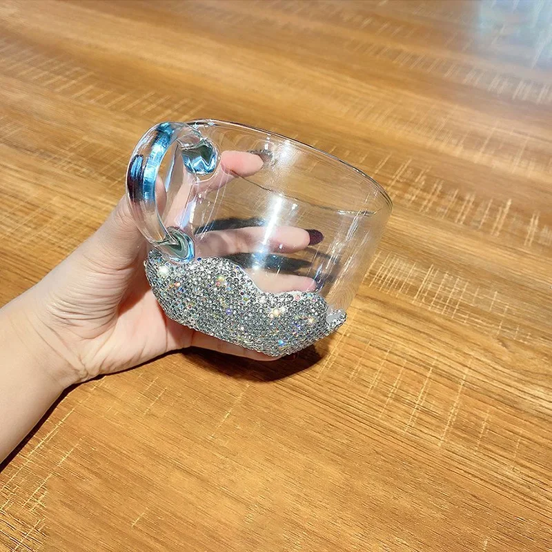 Sparkling Rhinestone Transparent Double-layer Glass Cup Large Capacity Breakfast Oat Bowl Fruit Salad Big Belly Cup Office Mug 6