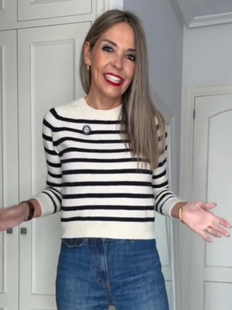 

HH женский модный простой полосатый пуловер с круглым вырезом, вязаный свитер, женский базовый повседневный свитер в стиле ретро для поездок на работу, топ