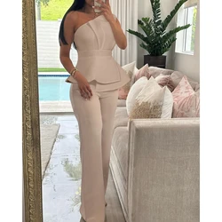 Top da donna con volant senza maniche monospalla e pantaloni a gamba dritta Set abiti da ufficio casual in due pezzi solidi, abiti eleganti, Y2K
