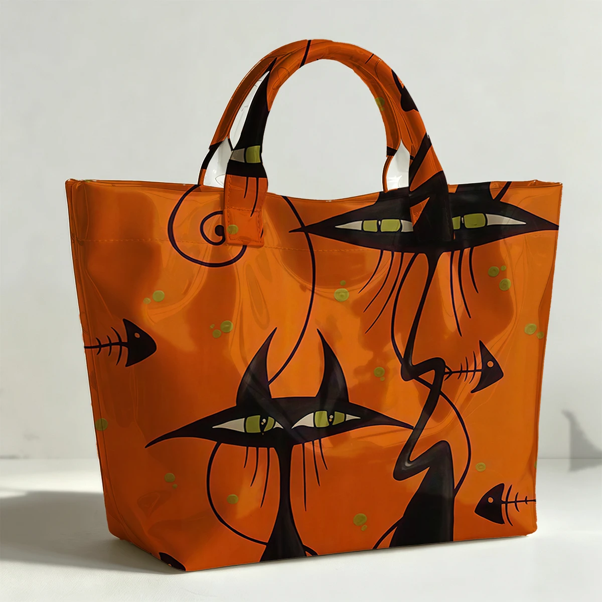 Cat Halloween Fashion Bag Transparent PVC Waterproof Handbag Large Capacity Daily Commute Shoulder Tote Mummy Bag