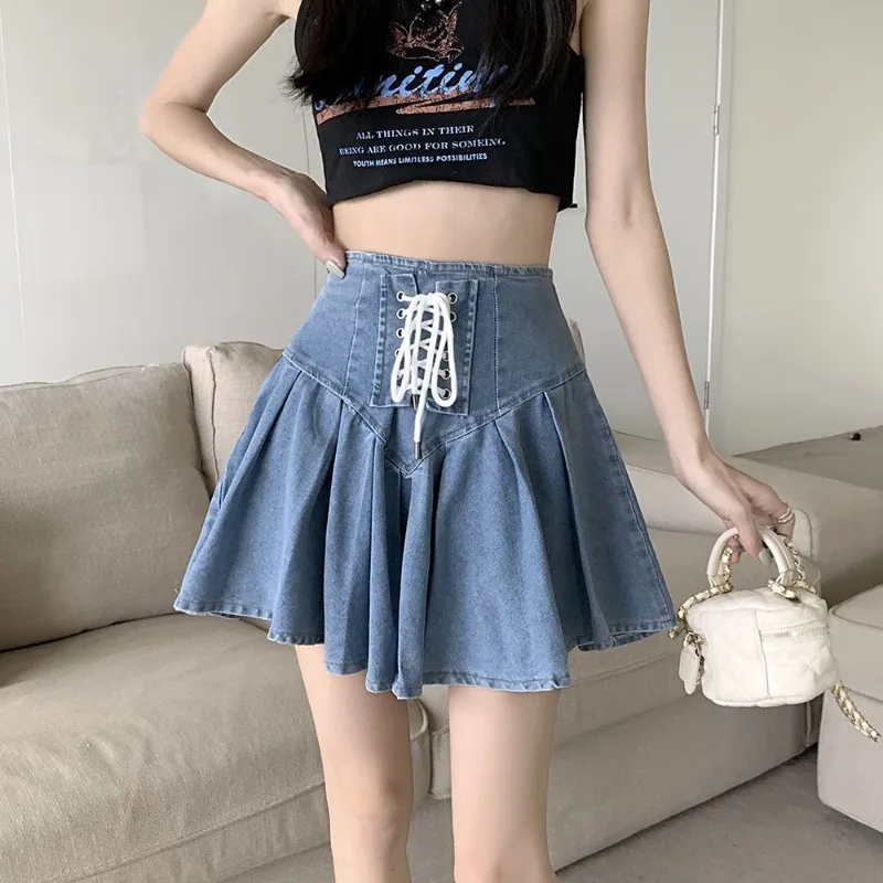 Bandage Denim Mini Rok Voor Vrouwen Zomer Mode Franse Stijl A-Lijn Geplooide Korte Broek Rok Blauw Vintage Kleding Y 2K