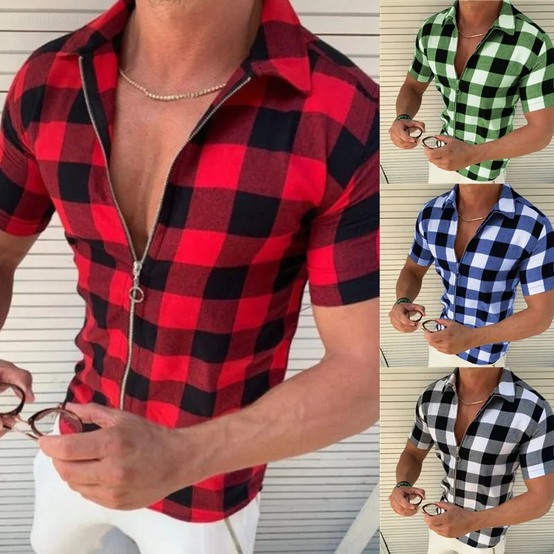 2024 Europe and the United States lapel four-sided plaid printed shirt men's slim fashion zipper cardigan short sleeve lining