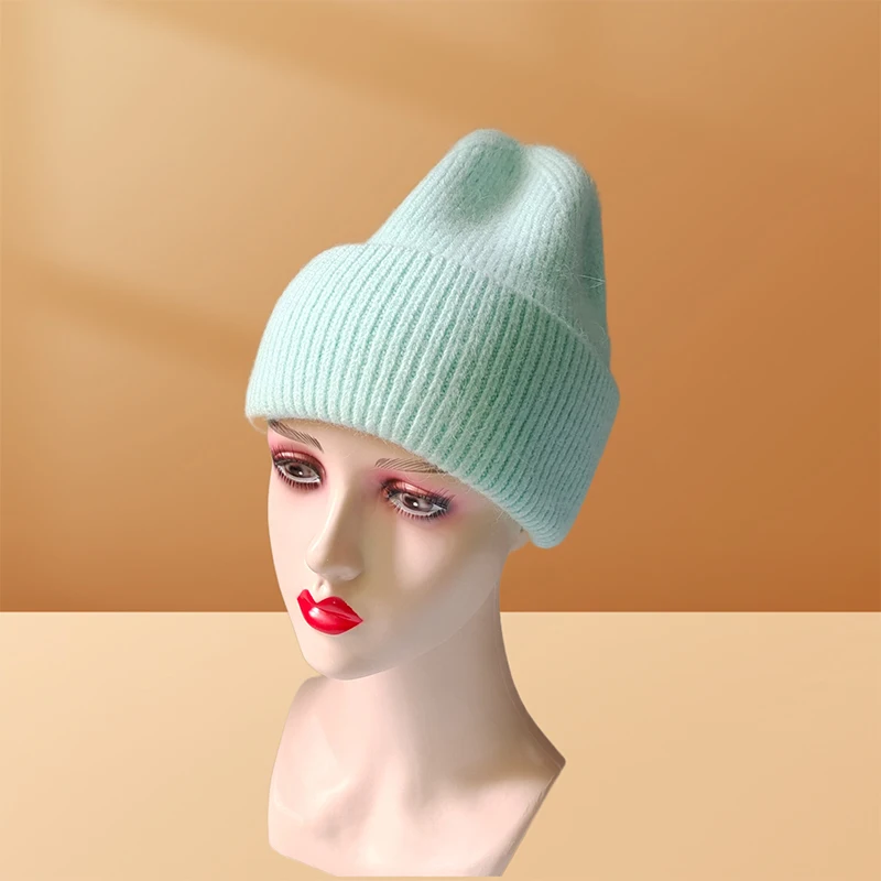 Winter Hut Für Frau Doppel Falten Angora Hut Kaninchen Fell Warme Kaschmir Wolle Weiche Mützen Gestrickte Hut Frauen Outdoor Ski Weibliche