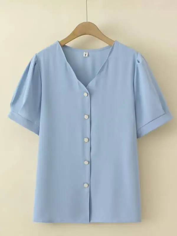 plus Size Women's V-Ne ort Sve Button-Up irt Lace Trim Summer Top Loose Fit Commute Sle Polyester Fiber