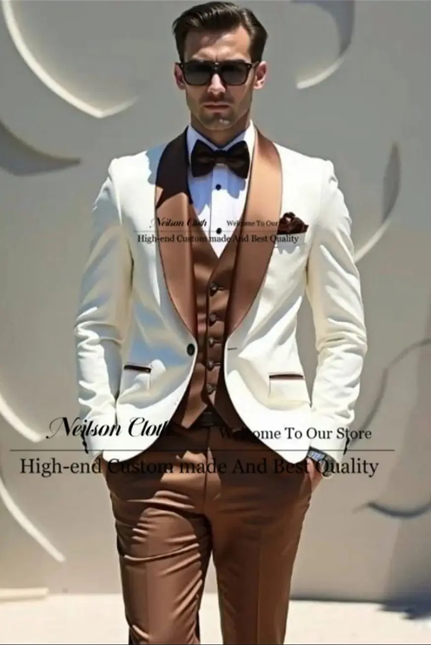 

Formal Brown Male Prom Blazers 3 Pieces Sets One Button Groom Wedding Tuxedos Customized Shawl Lapel Business Costume Homme