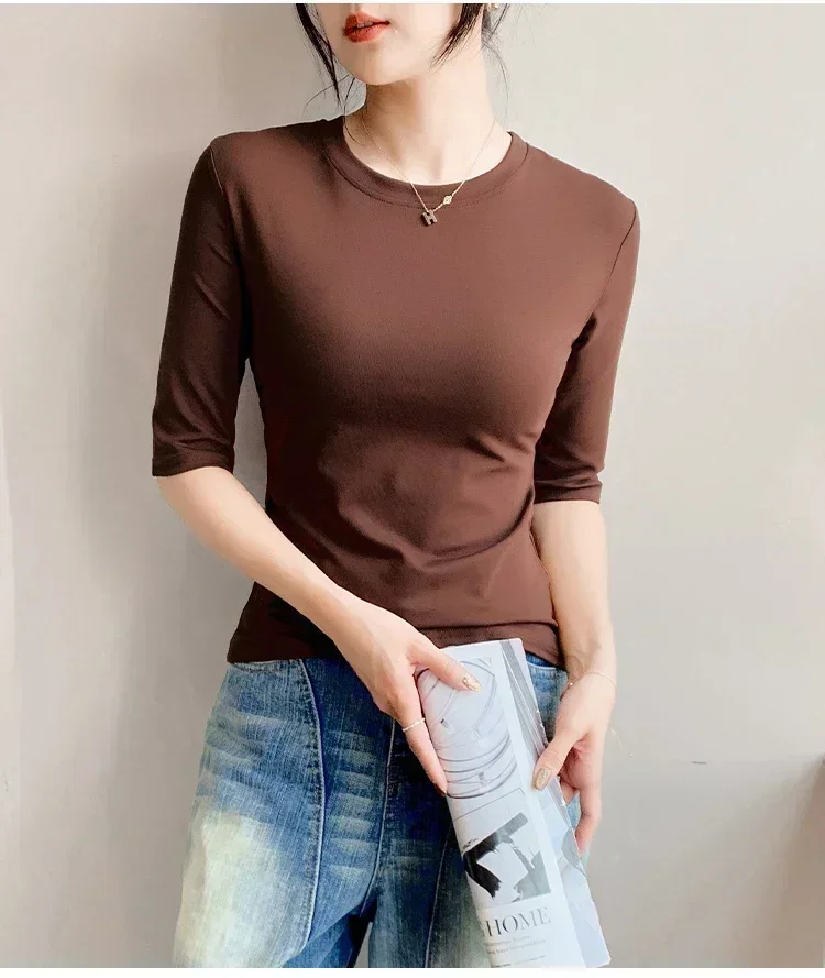 2026 Basic Einfarbiges Kurzarm-T-Shirt mit Rundhalsausschnitt, Eng Anliegend, Sommerliches Casual-Oberteil für Damen, Y2K Vintage Top, Harajuku Streetwear – Detail 33