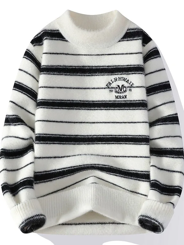 

Теплый вязаный свитер для подростков и студентов, мужской, модный, в полоску, из шерстяной пряжи, зимний, повседневный, с круглым вырезом