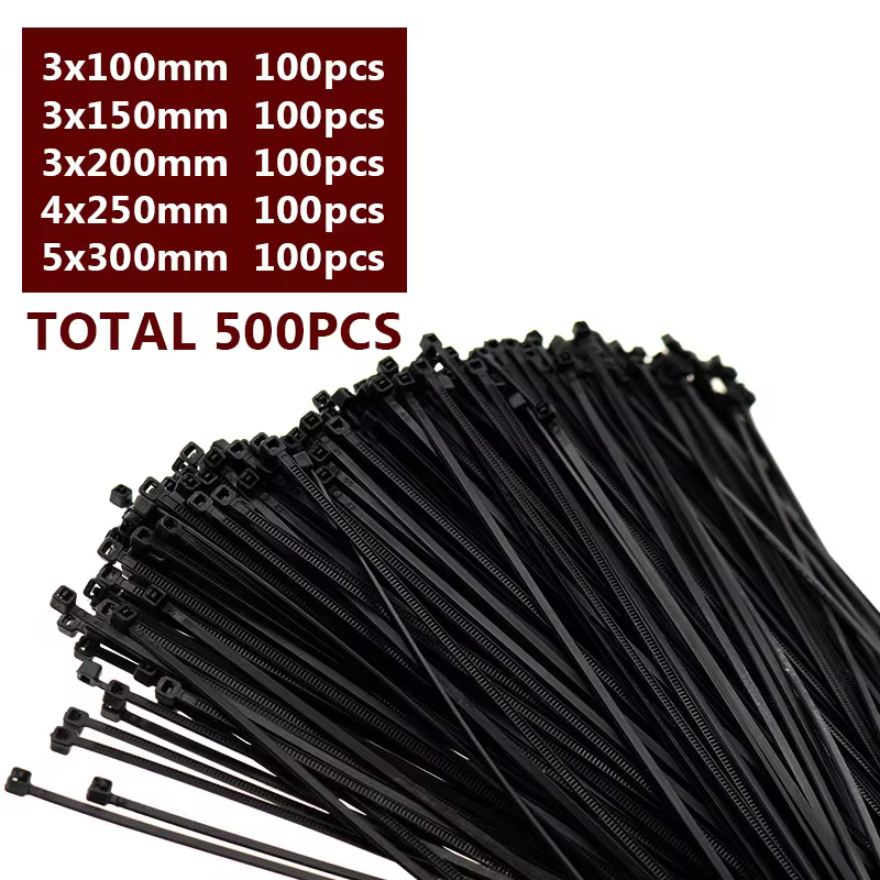 500 Stück selbstsichernde Kunststoff-Kabelbinder, 100 mm, 150 mm, 200 mm, 250 mm, 300 mm, schwarz-weißer Nylon-Kabelbinder, 100 Stück Packung