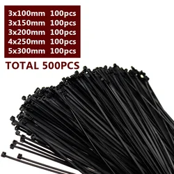 500 Stück selbstsichernde Kunststoff-Kabelbinder, 100 mm, 150 mm, 200 mm, 250 mm, 300 mm, schwarz-weißer Nylon-Kabelbinder, 100 Stück Packung