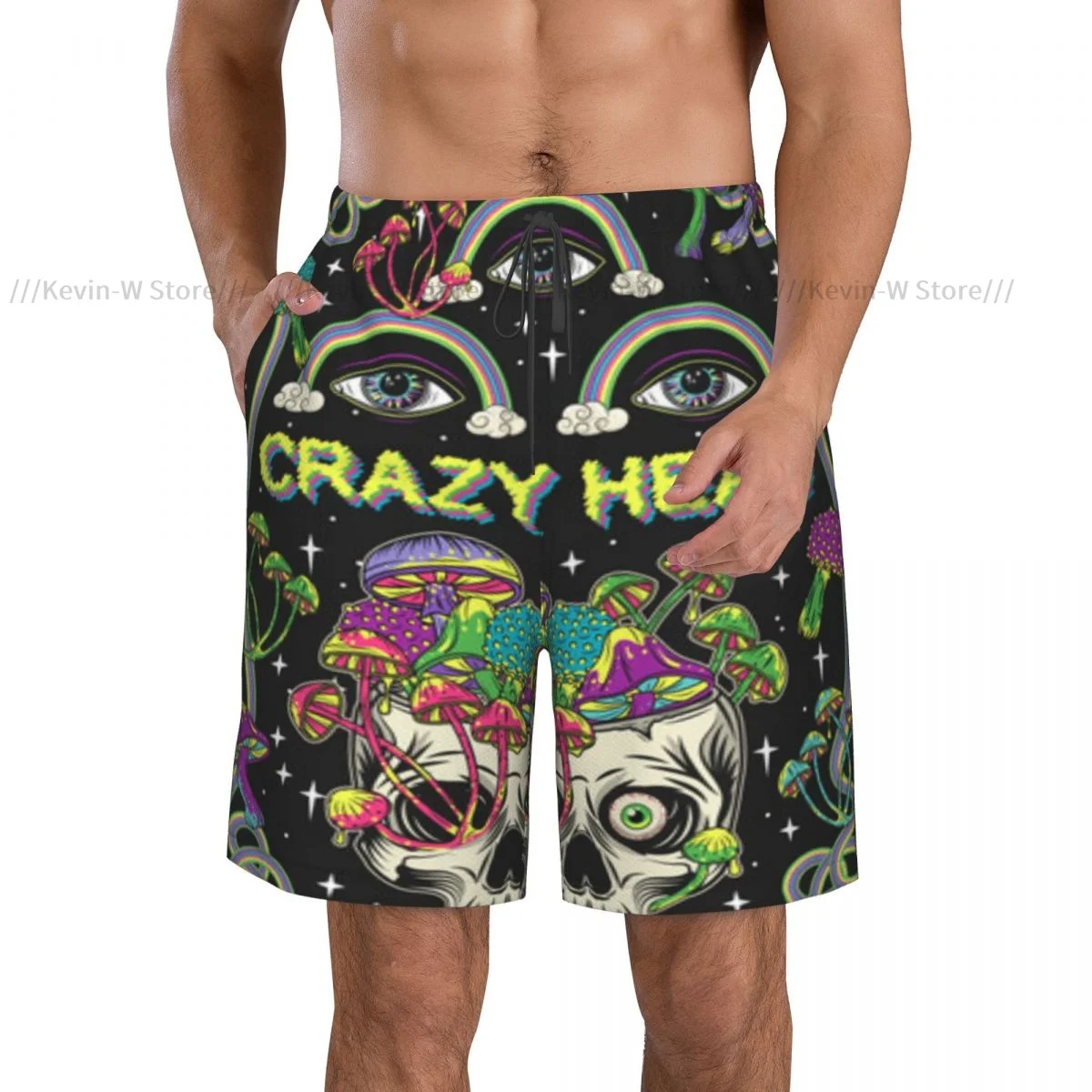 Mens Quick-drying Beachwear Skull With Third Eye Rainbow Mushrooms Swimsuit Men 2024 Bathing Suit Summer Men's Swimwear