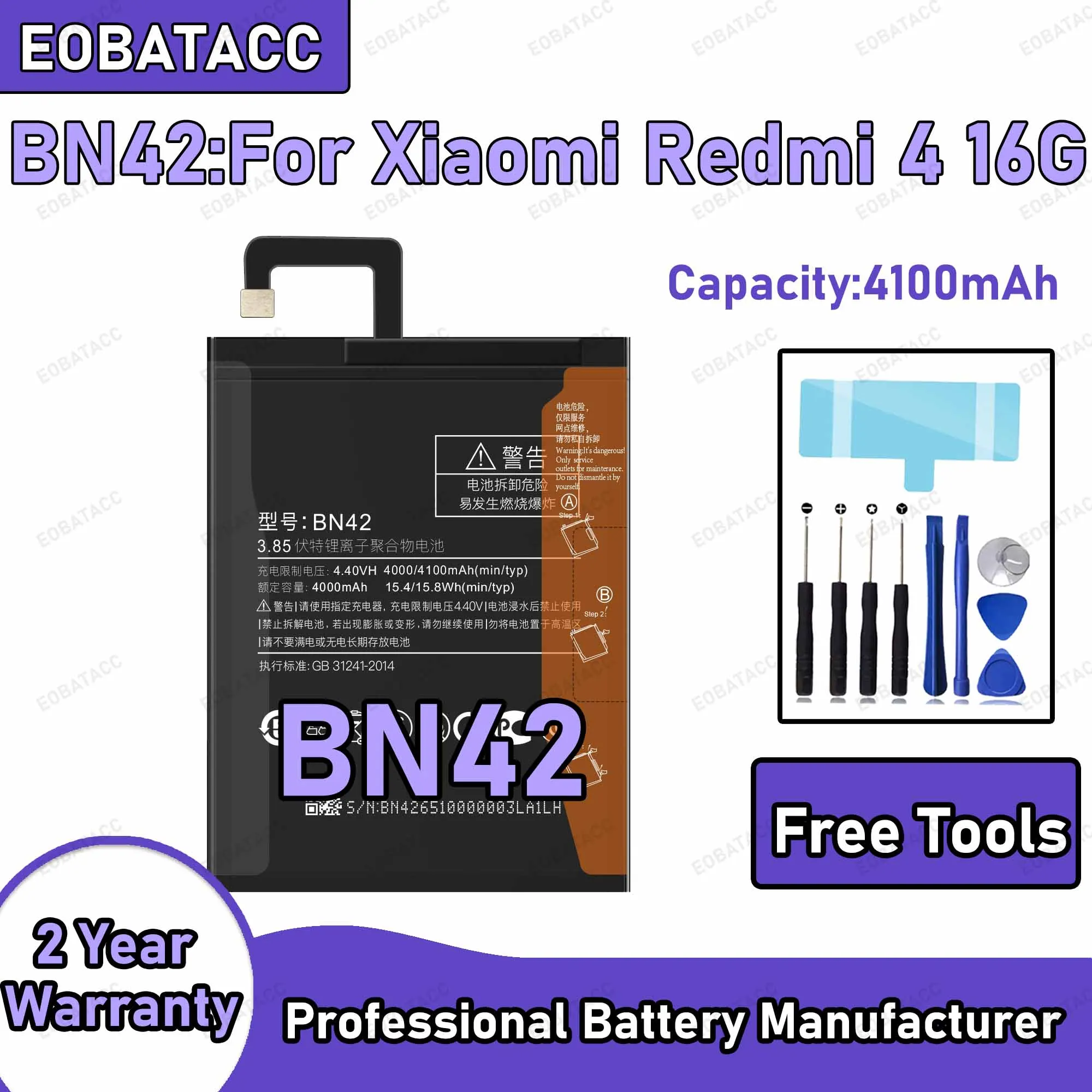 4100mAh BN42 Replacement Battery for Xiaomi Redmi 4 16G Repair Tools Kit