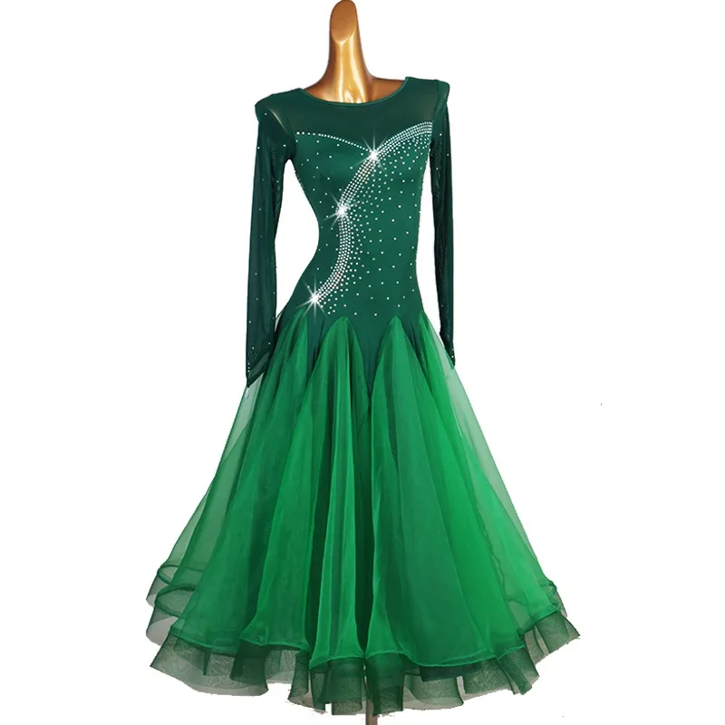 2024 New Green Color Dress Lace Sleeve Women\'s Modern Clothing Tango Waltz Dance Long Dress Elegant Party Competition Costume