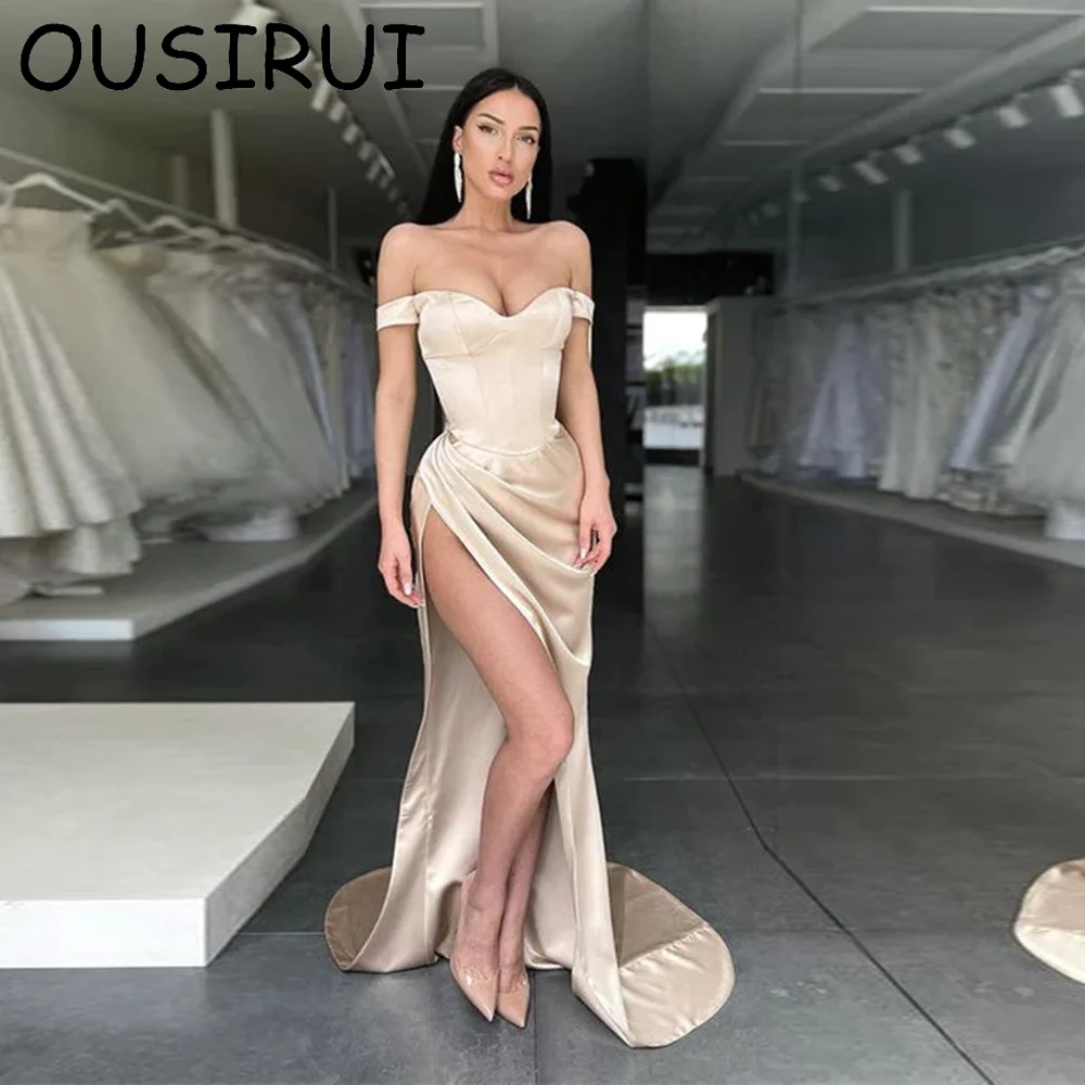 

OUSIRUI Off the Shoulder Satin Solid Formal Prom Dresses Sexy Mermaid Court Side Slit Evening Prom Gown vestidos de festa