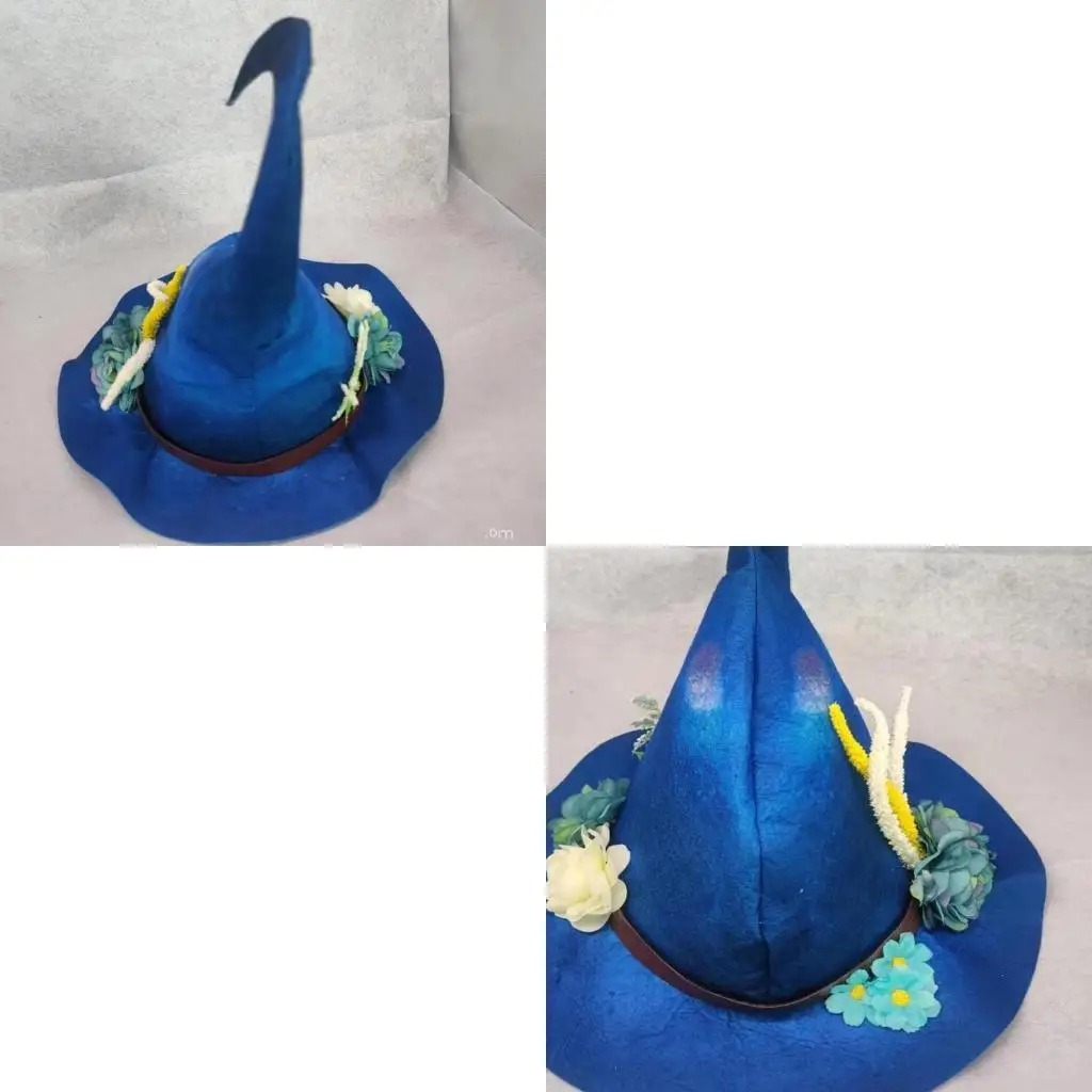 

652F Blue Color Halloween Curved Peaked Witch Hat with Flower Men Women Party Headgear Cosplay Cap Festivals Party Props