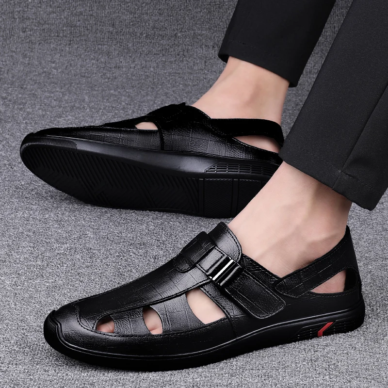 New Genuine Leather Men Black/brown Sandals Dress Shoes Summer Beach Shoes Business Breathable Hollow Out Flat Casual Sandals
