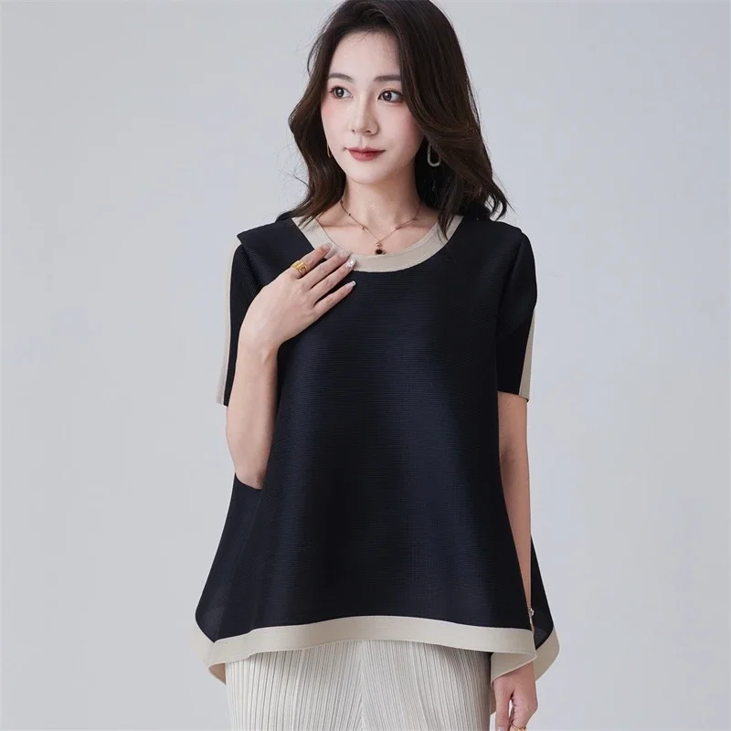 

Miyake Colour Blocking Design Pleated Women's Top Fashion Irregular Loose Short Sleeve 2025 Summer Chic Wrinkled T Shirt