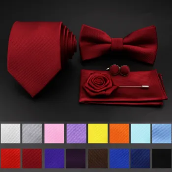 Heißer Verkauf Rot Blau Krawatte Set Polyester Schlank Gestreiften Krawatte Bowtie Manschettenknopf Brosche Für Bräutigam Anzug Hochzeit Krawatte Hemd Zubehör