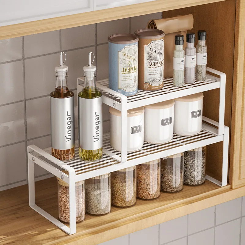 

Kitchen Storage Shelf Cabinet Layered Organizers Rack Stackable Counter Shelves Rustproof Spice Rack Pot Bowl Dish Storage Rack