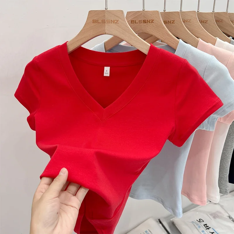 Zjaiss Sommer Sexy V-ausschnitt Dünnes T-shirt Frauen Baumwolle Grund Solide Crop Tops 2026 Weibliche Casual Tops Kurzarm T-shirts