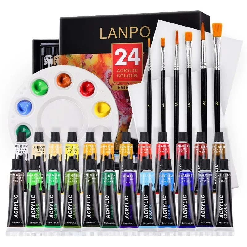 12/24 Acrylic Paint With Brush And Palette 12 ML Waterproof Acrylic Paint Tube for Wood/Canvas/Fabric Artist Drawing Set